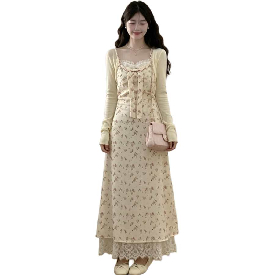 Cotton Gene Two Piece Skirt Sets Women's Square Collar Moderate Long