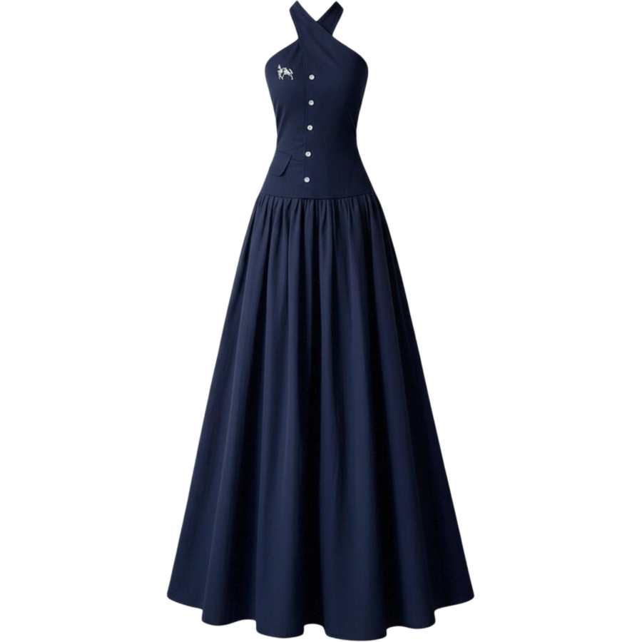 CHARM GLOW Slip Dresses Women's Navy Blue Halter Moderate Long