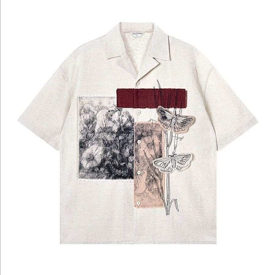Lnga Landgre Shirts Men's White Embroidery Shirt Cuban Collar Thin Other