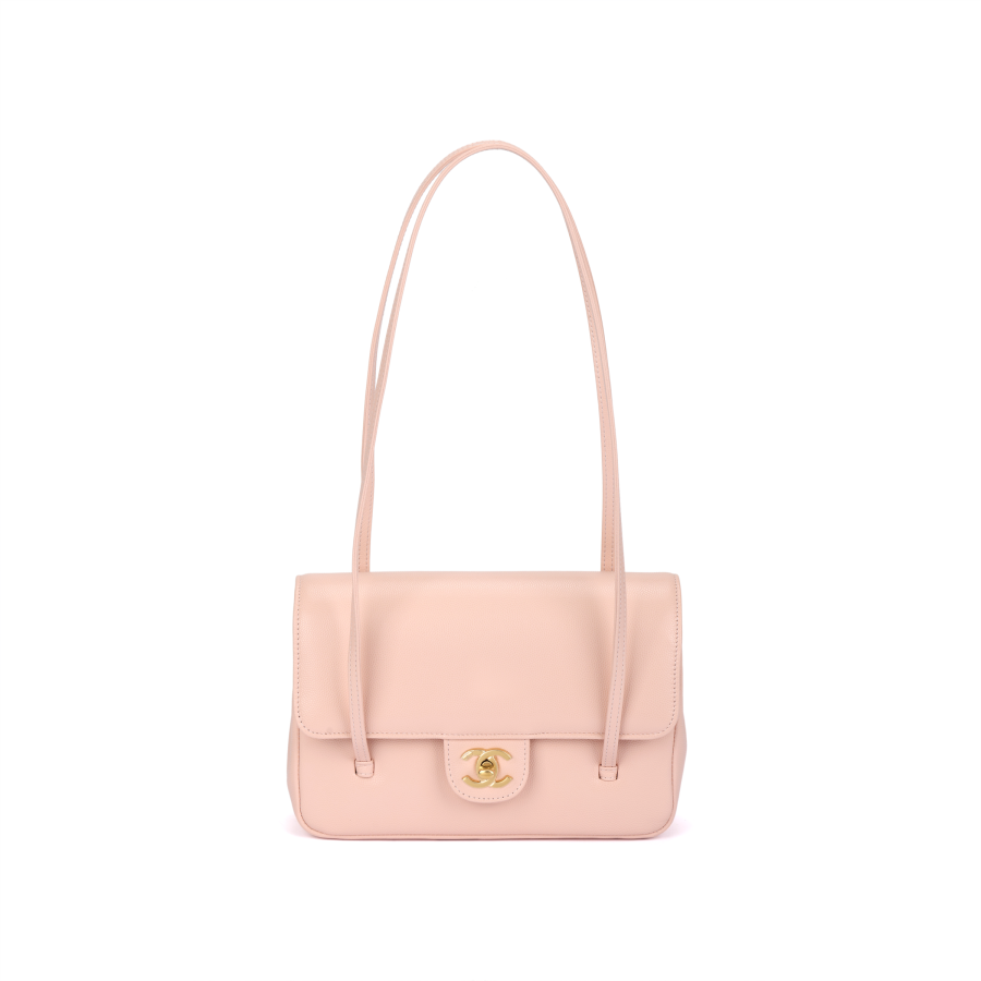 CHANEL Coco Grain Embossed Shiny Calfskin & Gold Metal Flap Bag Shoulder Bag Small Women's Pink