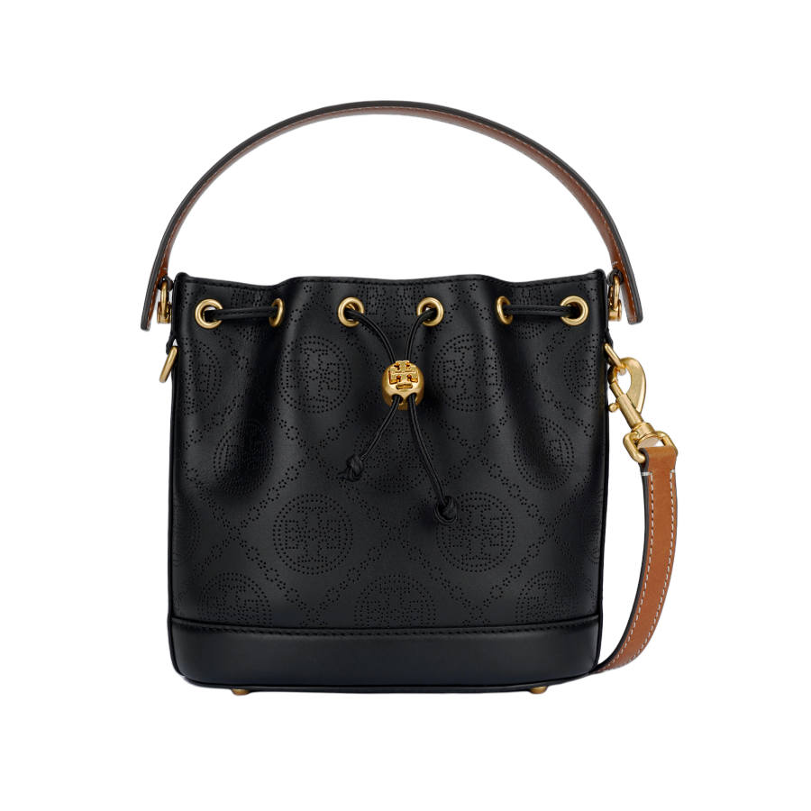 TORY BURCH T Monogram Leather Bucket Bag, Shoulder Bag, Crossbody Bag, Handbag Medium Women's Black