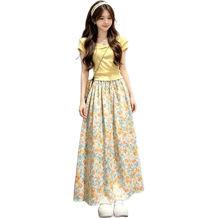 Cotton Gene Two Piece Skirt Sets Women's Peter Pan Collar Moderate Long