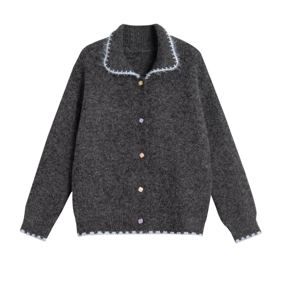 Tonlion Knitwear Women's Dark Heather Gray Lapel Moderate Cardigan