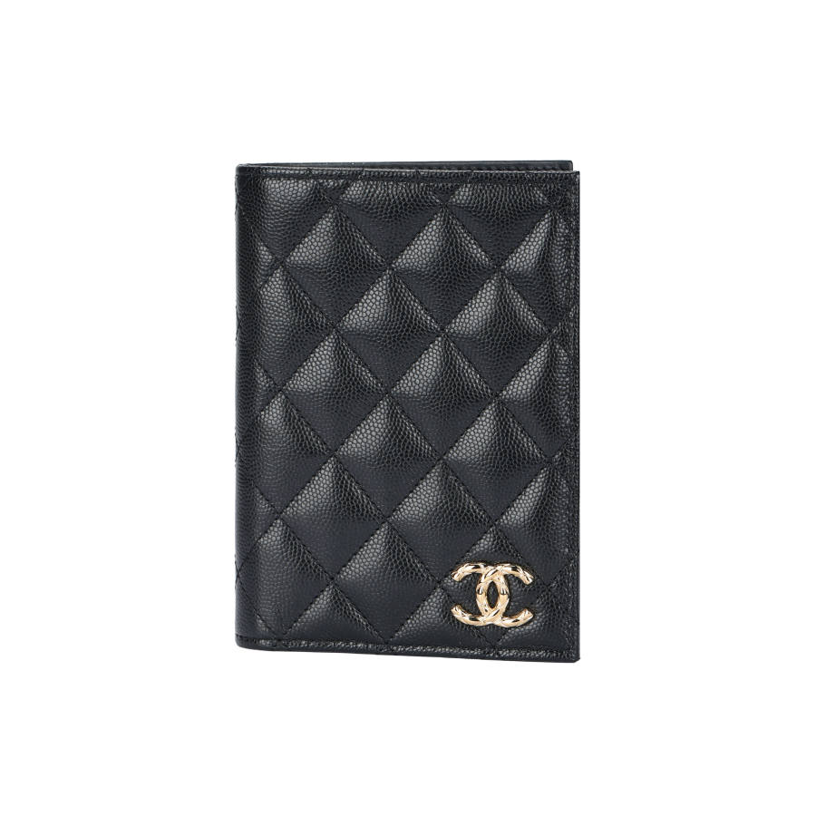 CHANEL Litchi Grain Calfskin Passport Holder Women's Black