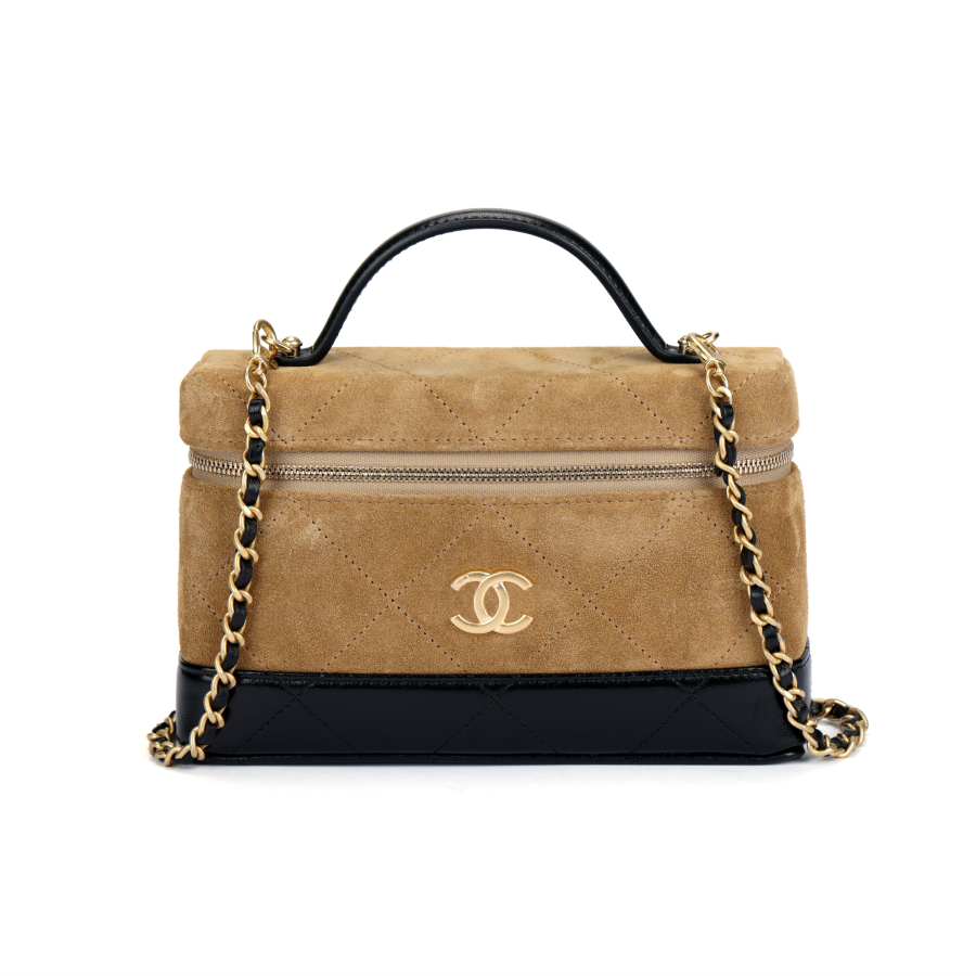 CHANEL Suede Effect With Calfskin & Shiny Sheepskin & Gold Metal Box Bag Makeup Bag Handbag Women's Umber
