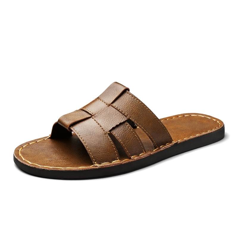YALU Rubber Stitching Leather Patchwork Slip Resistant Men's Slide Slippers Men's