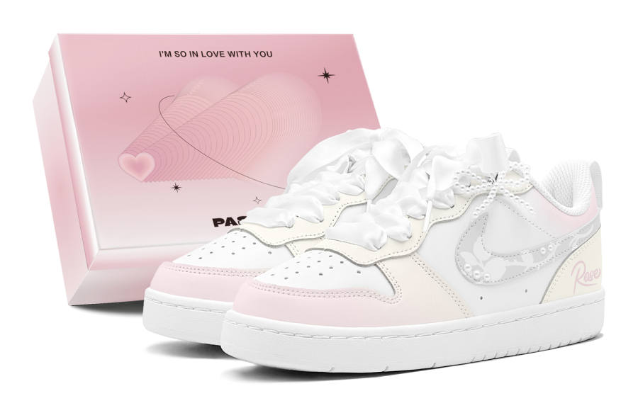 Nike Nike Court Borough Couple's, Romantic Favor, Pink Mist Floral, Pearl, Handcrafted, Bowknot, Elegance, Ladylike Low top