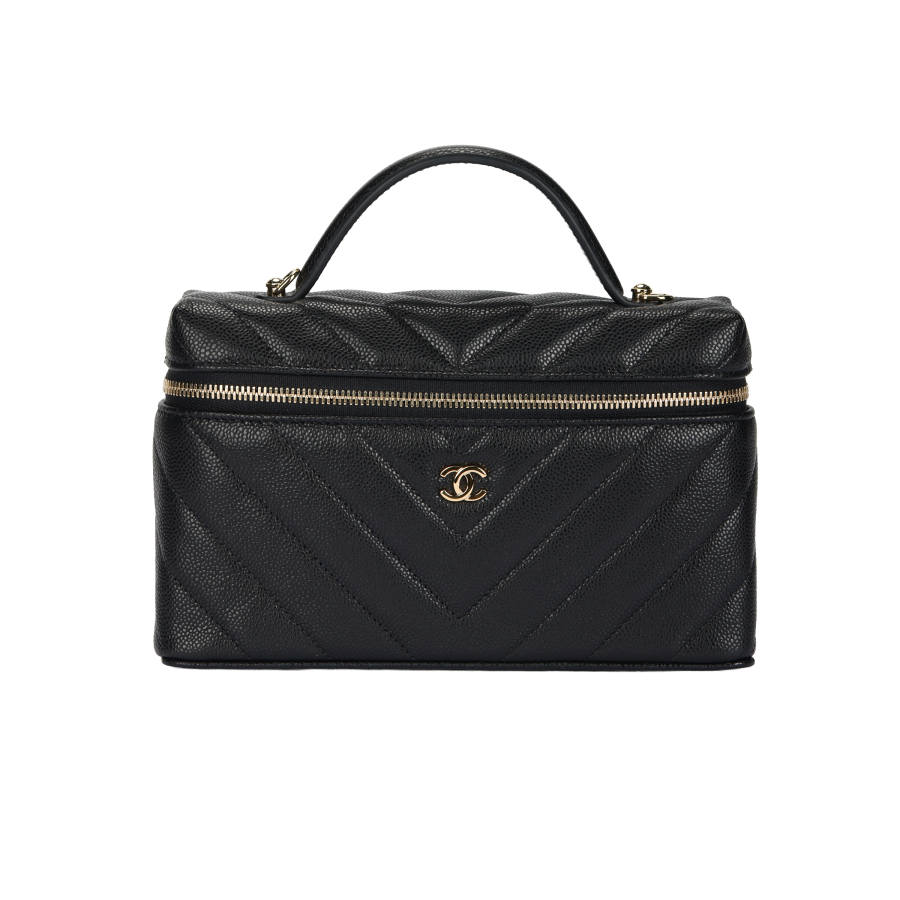 CHANEL Shiny Grain Embossed Calfskin With Gold Metal Handbag Women's Black