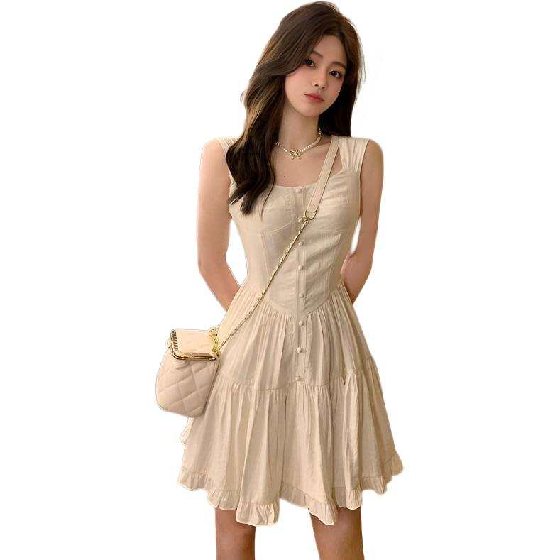 Cotton Gene Slip Dresses Women's Apricot Dress Square Collar Moderate Short