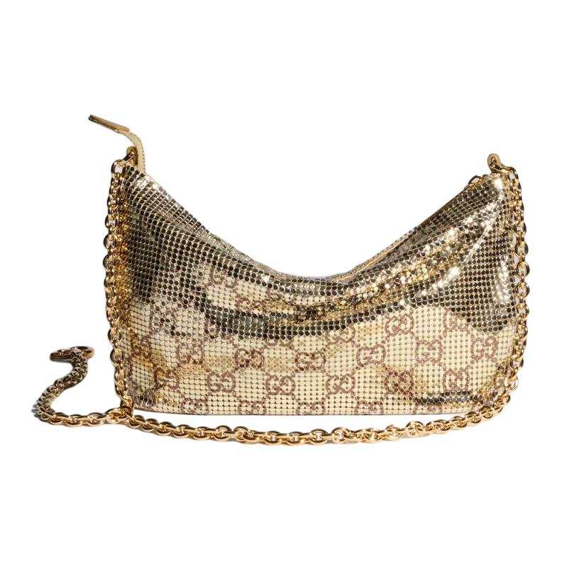 GUCCI Metal Mesh Shoulder Bag Women's Gold & Brown