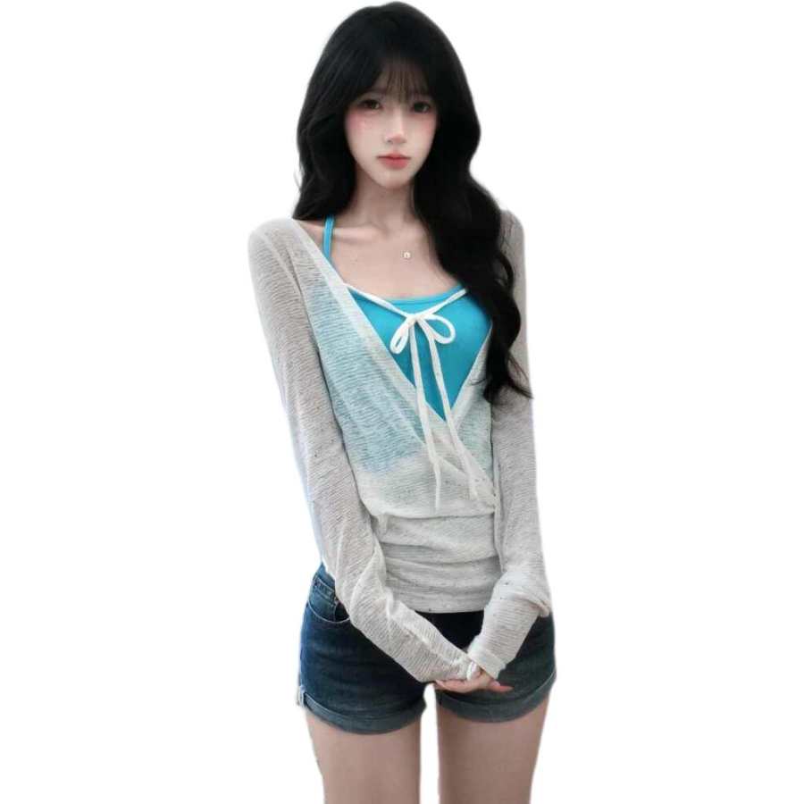 Cotton Gene T Shirts Women's White Cover Up Blue Camisole Crew Neck Moderate Two Piece Set