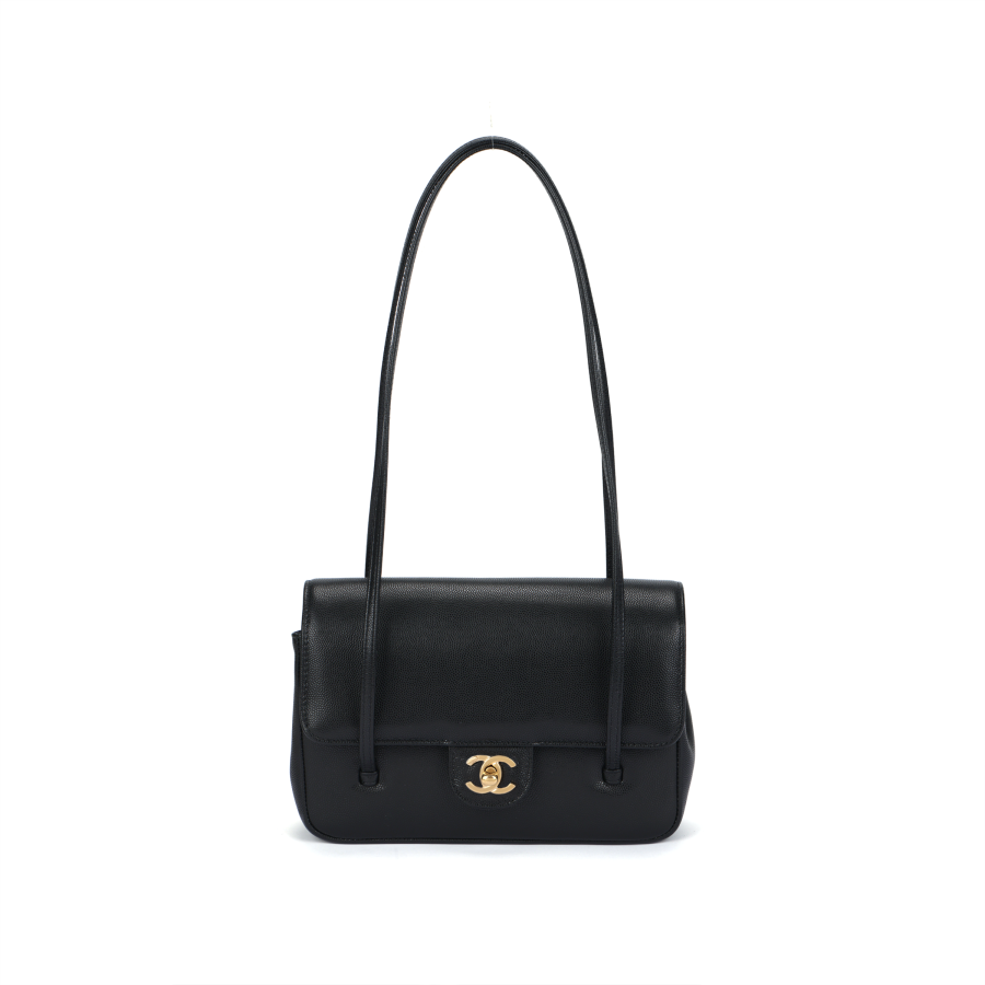 CHANEL 26P Grain Embossed Shiny Calfskin & Gold Metal Shoulder Bag Small Women's Black