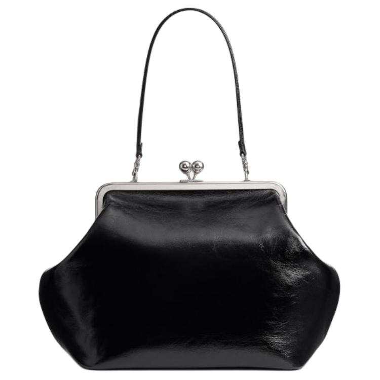 COACH Kisslock Cow Leather Shoulder Bag Large Women's Black