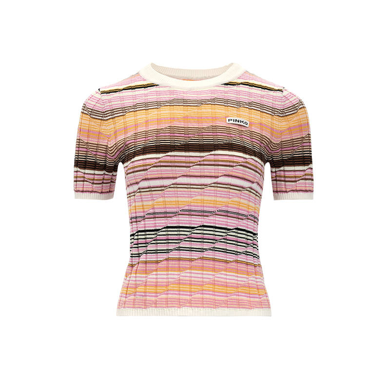 PINKO T Shirts Women's Pink Stripes Crew Neck Thin Straight Fit