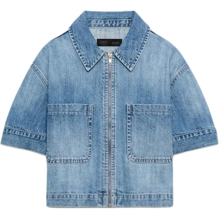 ZARA Shirts Women's Medium Blue Lapel Moderate Denim