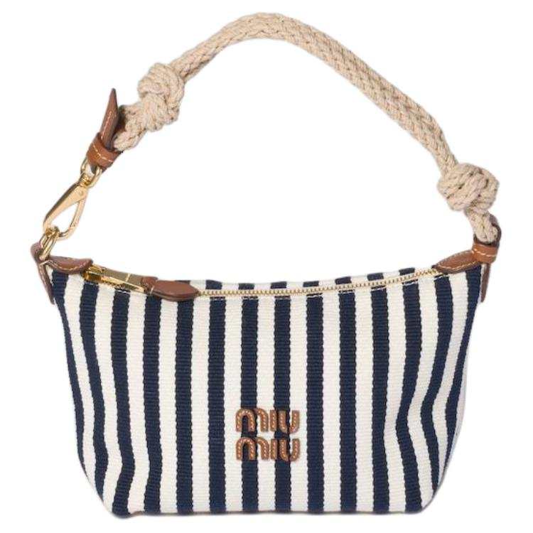 MIU MIU Zip Closure Recycled Cotton Handbag Women's Blue Cognac