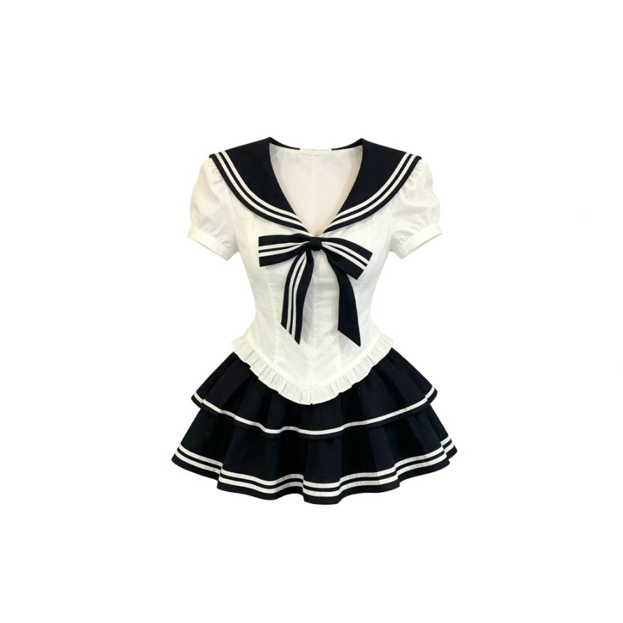 CPAURA Two Piece Skirt Sets Women's Navy Collar Moderate Short