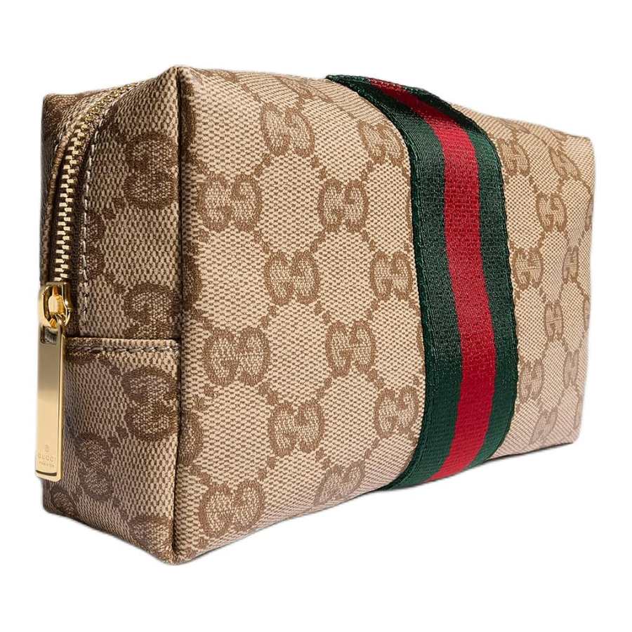 GUCCI GG Coated Canvas Makeup Bag Medium Women's Sand & Dark Brown