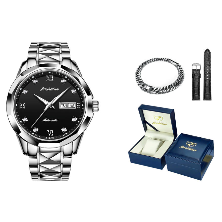Jin Shi Dun Mechanical Movement Stainless Steel Watchband Watch Men's Watches Black Dial