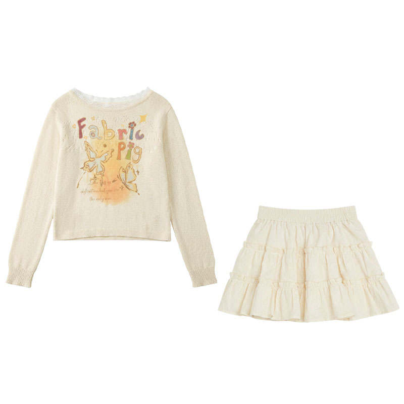 FABRIC PIG Two Piece Skirt Sets Women's Crew Neck Thin Short Skirt