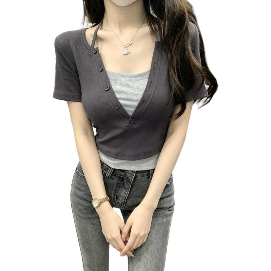 JBBCN T Shirts Women's Gray V Neck Thin Mock Two Piece