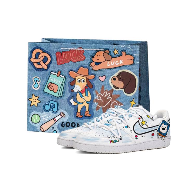 Nike Nike Court Vision 1 Graffiti Puppy Shopping Bag I Low top Skateboard Shoes Unisex Light Blue