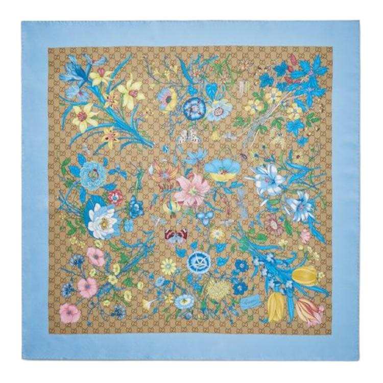 GUCCI Silk Scarves Women's Light Blue/Brown