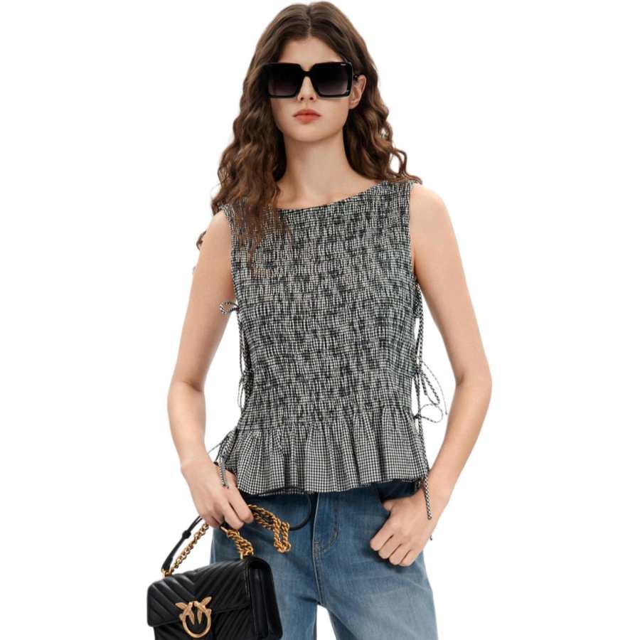PINKO Tank Tops Women's Black White Plaid Moderate A Line