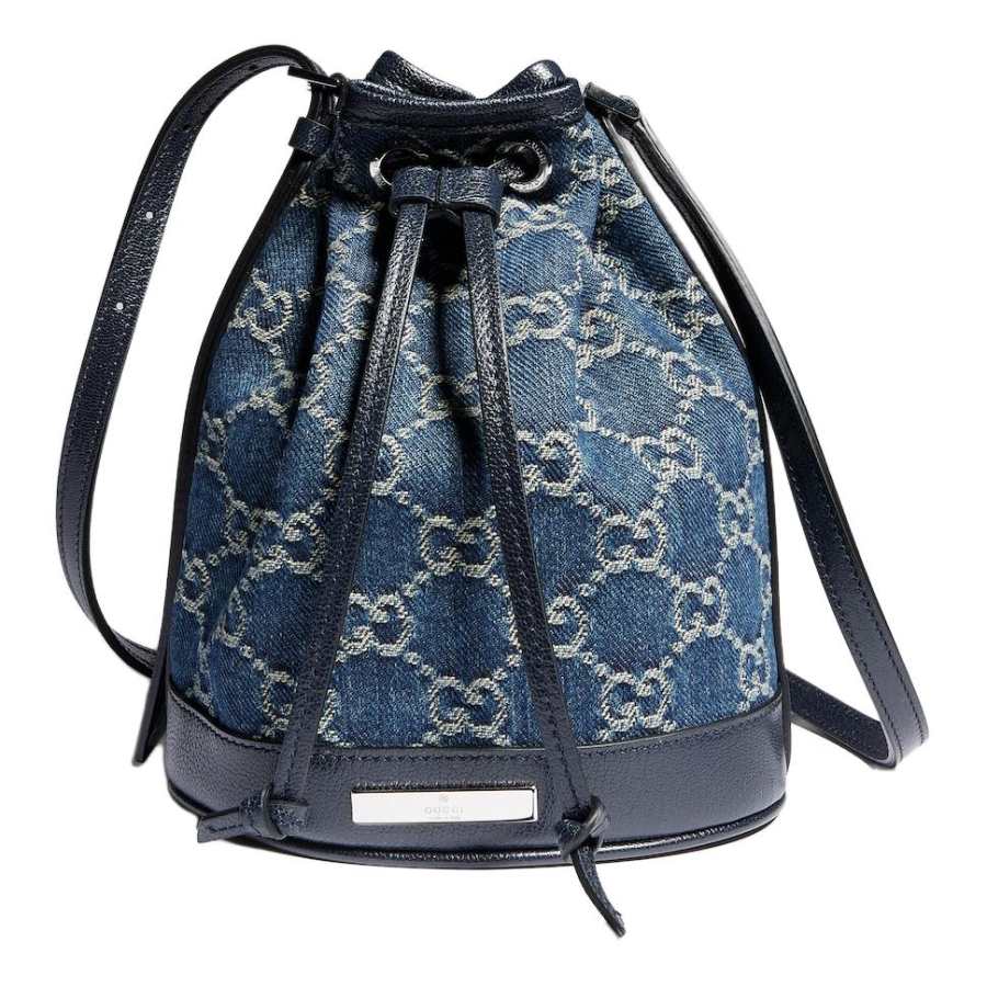 GUCCI Denim With Leather Bucket Bag Crossbody Bag Mini Women's Dark Blue