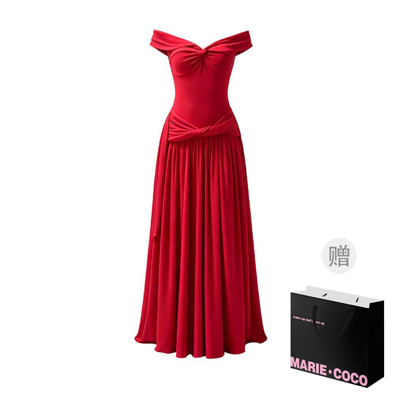 MARIE·COCO Sleeveless Dresses Women's Red Dress Boat Neck Moderate Long Skirt