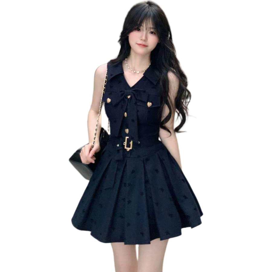 JBBCN Sleeveless Dresses Women's Dark Blue V Neck Moderate Short Skirt