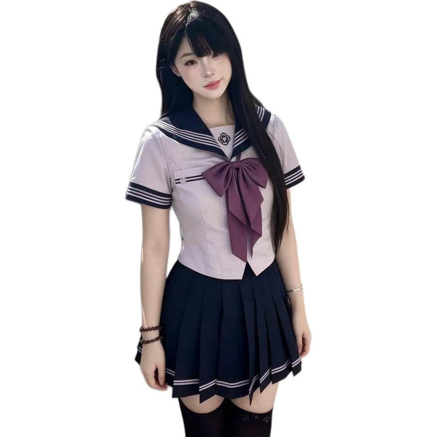 Cotton Gene Two Piece Skirt Sets Women's Navy Collar Moderate Short Skirt