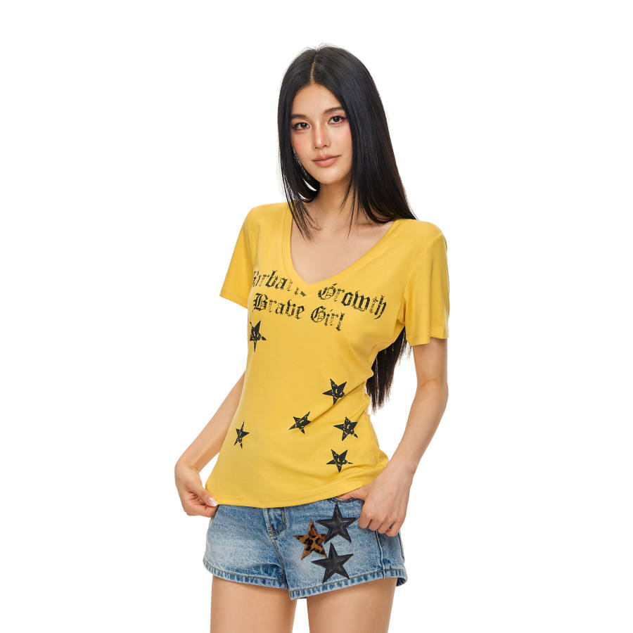 CLIMAX VISION T Shirts Women's V Neck Moderate Nipped In Waist