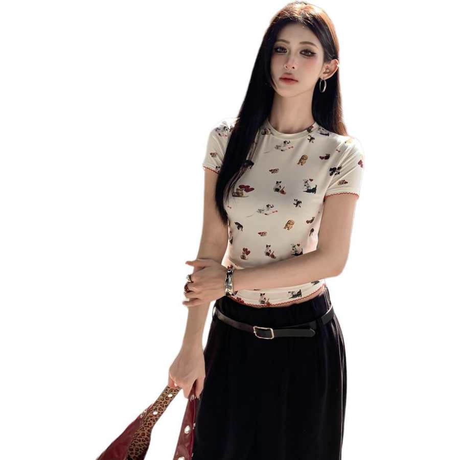 VENICEW T Shirts Women's White Crew Neck Moderate Nipped In Waist