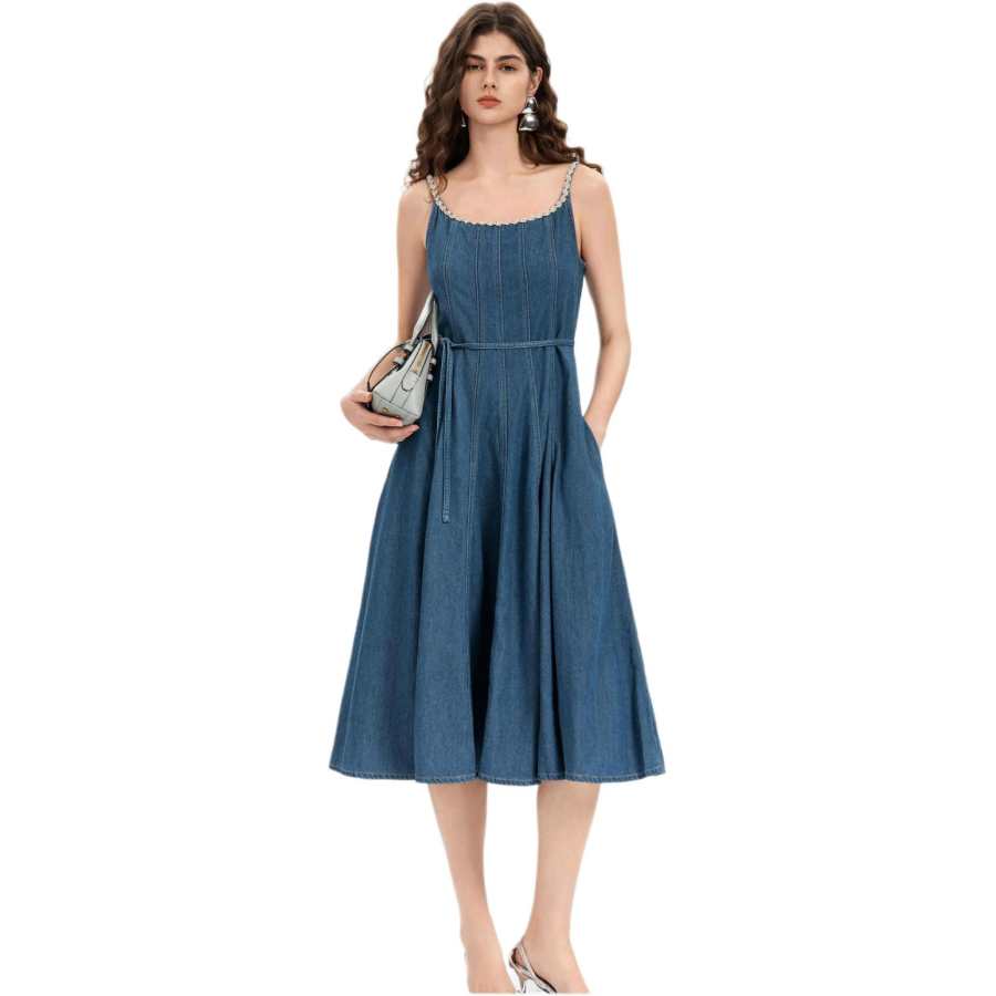 PINKO Slip Dresses Women's Blue Crew Neck Moderate Midi Skirt A Line Skirt