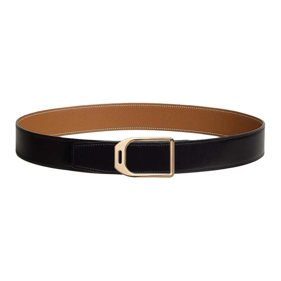HERMES Pretty Derby Jockey Metal Calfskin Leather Belts Men's Width 3.8cm