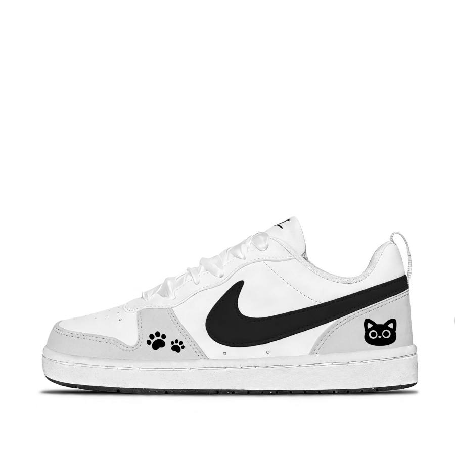 Nike Nike Court Borough Black Gray Cat Synthetic Leather Low top Kids' Skateboarding Shoes White Teenagers