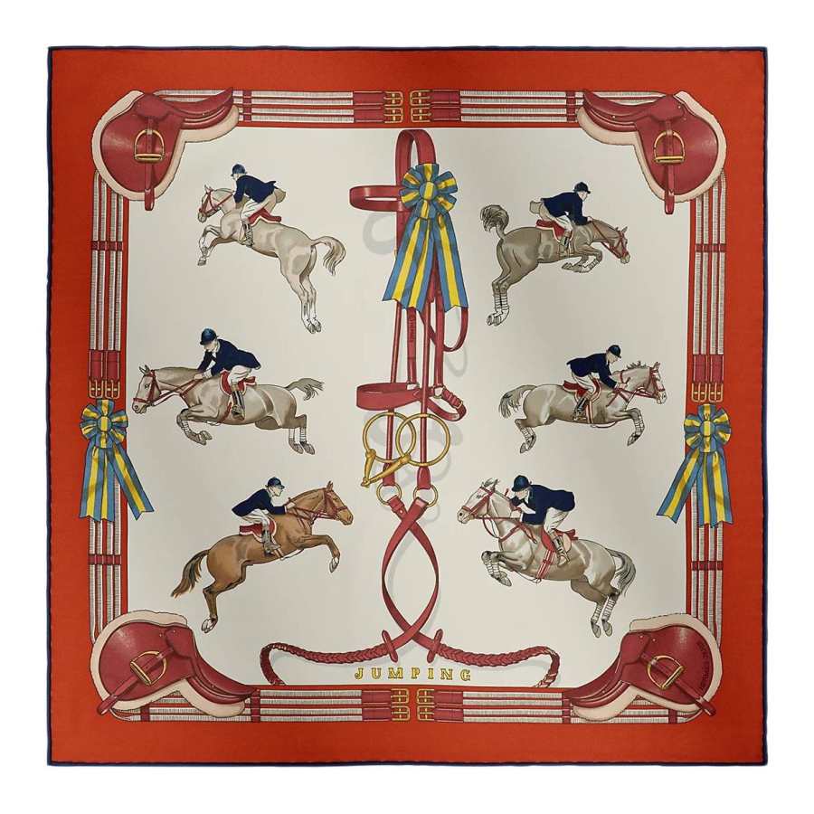 HERMES Silk Scarves Women's Terracotta/Cream/Blue Ocean