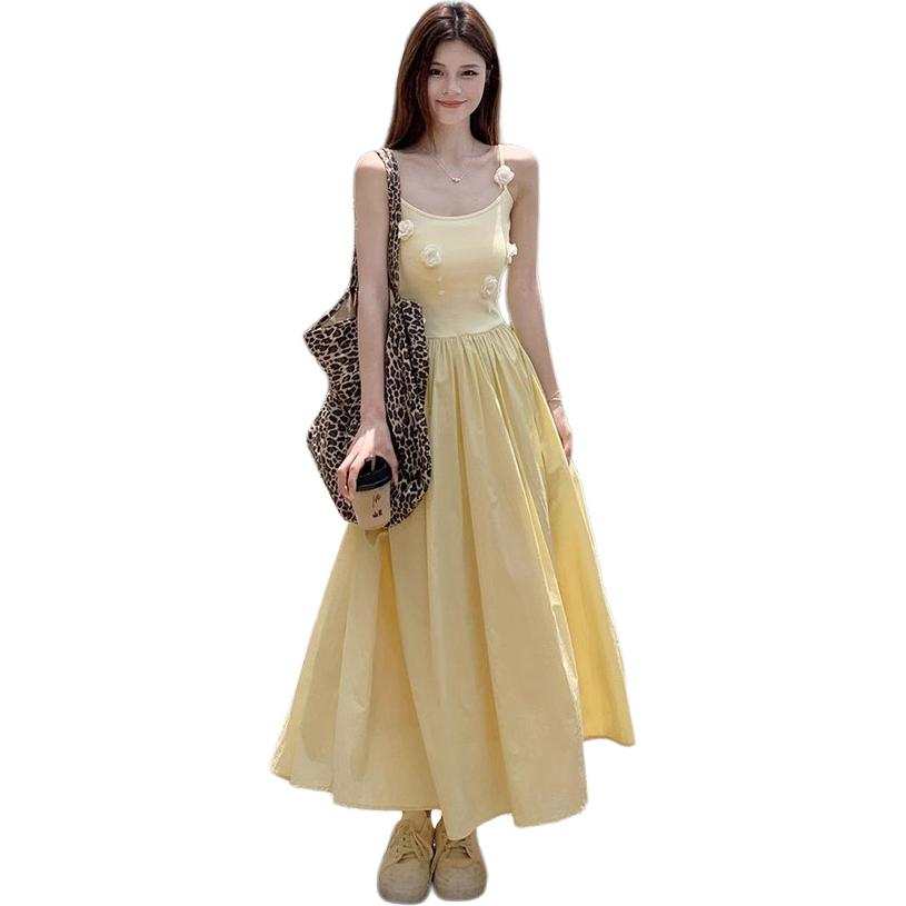 Cotton Gene Slip Dresses Women's Yellow Square Collar Moderate Long Skirt