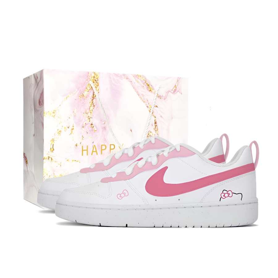 Nike Nike Court Borough Pink Kitten Leather Slip Resistant Abrasion Resistant Low top Kids' Skateboarding Shoes White Pink