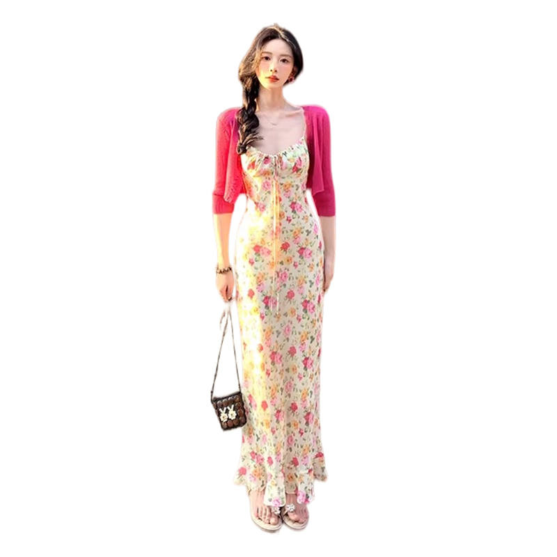 TUSHIFEI Two Piece Skirt Sets Women's V Neck Thin Long Skirt