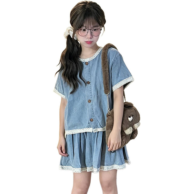 Cotton Gene Two Piece Skirt Sets Women's Crew Neck Moderate Short Skirt