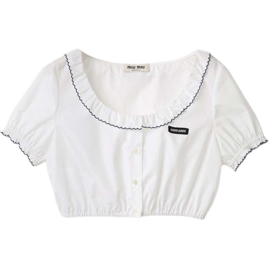 MIU MIU Crop Tops Women's White/Blue Ruffle Collar Moderate