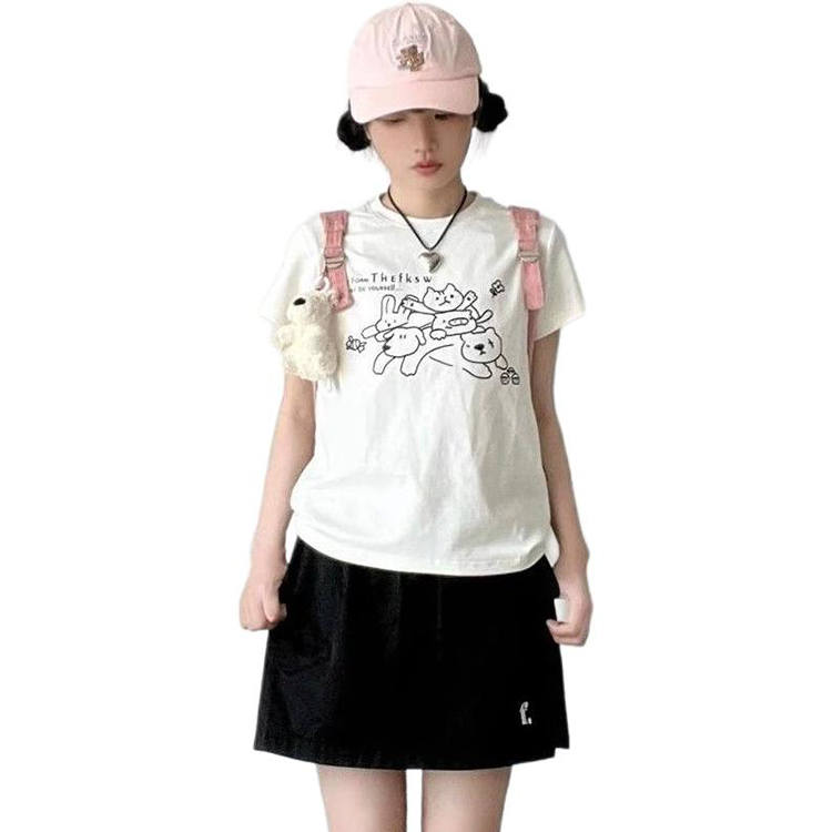 Cotton Gene Two Piece Skirt Sets Women's Crew Neck Moderate Short Skirt