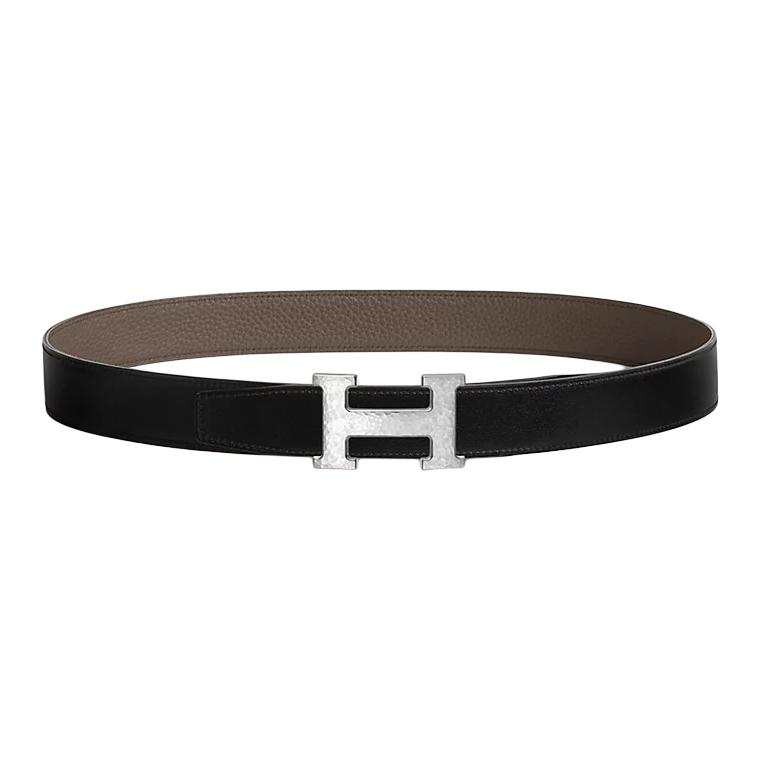 HERMES H Martelee Metal, Palladium Plated Calfskin Leather Belts Men's Width 3.2cm