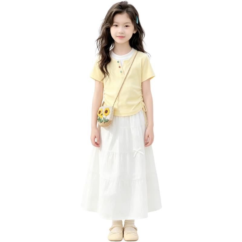 YALU Grade School Two Piece Skirt Sets Crew Neck Thin Long Skirt