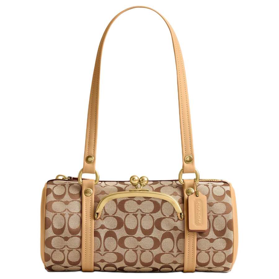 COACH KisslockBarrel Fabric With Cow Leather Shoulder Bag Large Women's Khaki