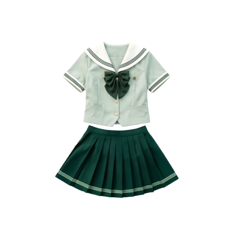 DUSHE Uniforms Women's Short Sleeved Top+Bow Ties+Pleated Skirt Lapel Short Skirt Pleated Skirt