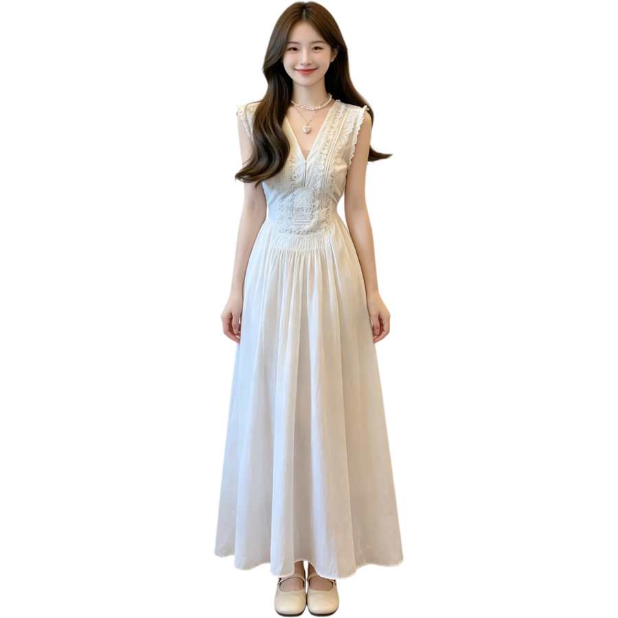 JBBCN Sleeveless Dresses Women's Ecru V Neck Thin Long Skirt