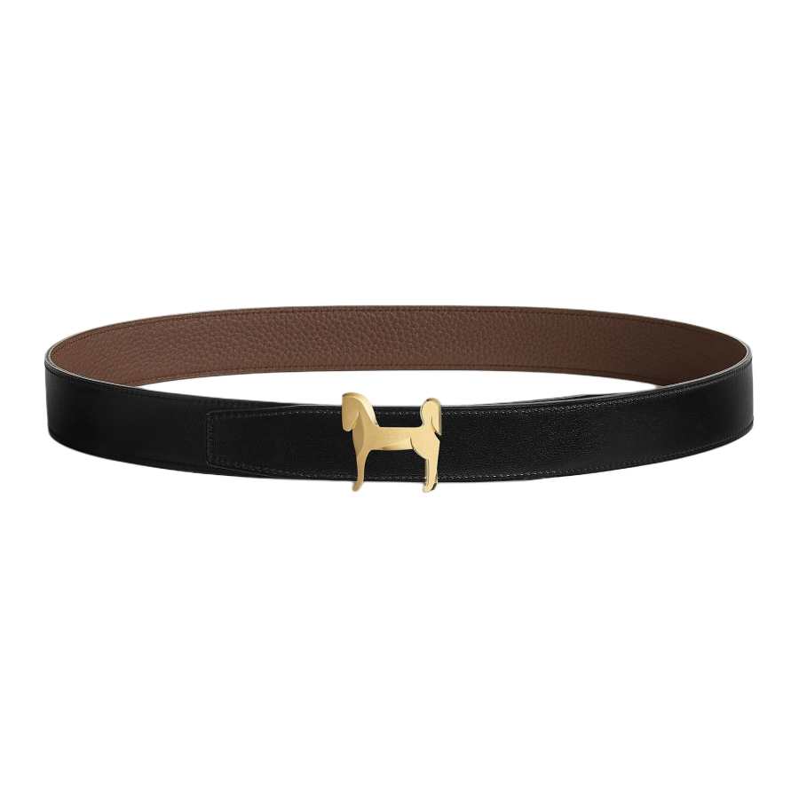 HERMES Panache Togo Calfskin Double Sided Leather Belts Men's Black Width 3.2cm